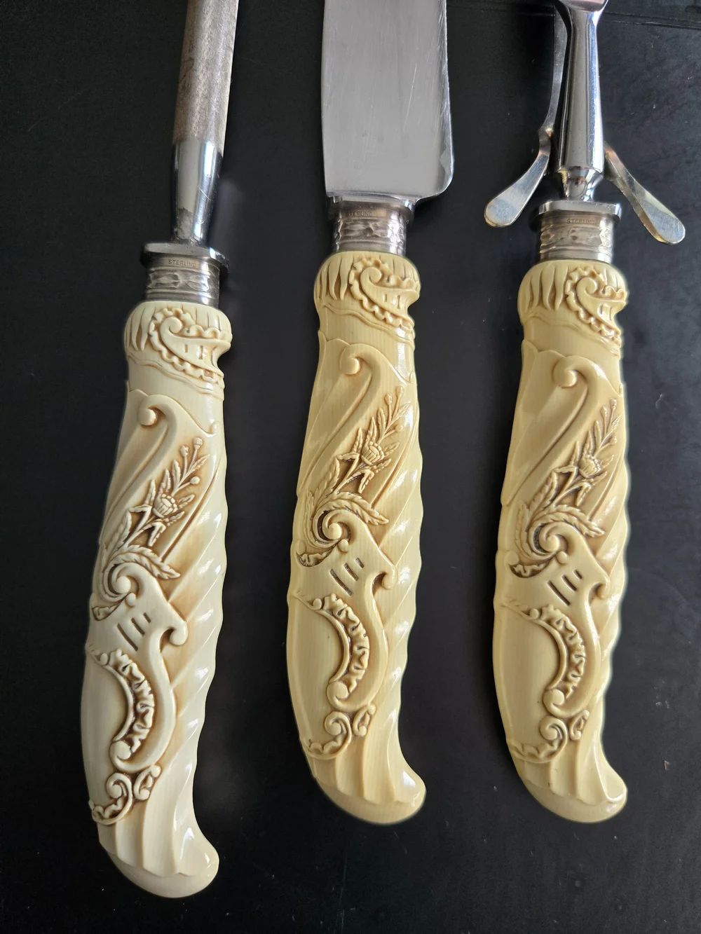 Landers Frary & Clark 3-Piece Roast Carving Set STERLING Silver Bands Celluloid